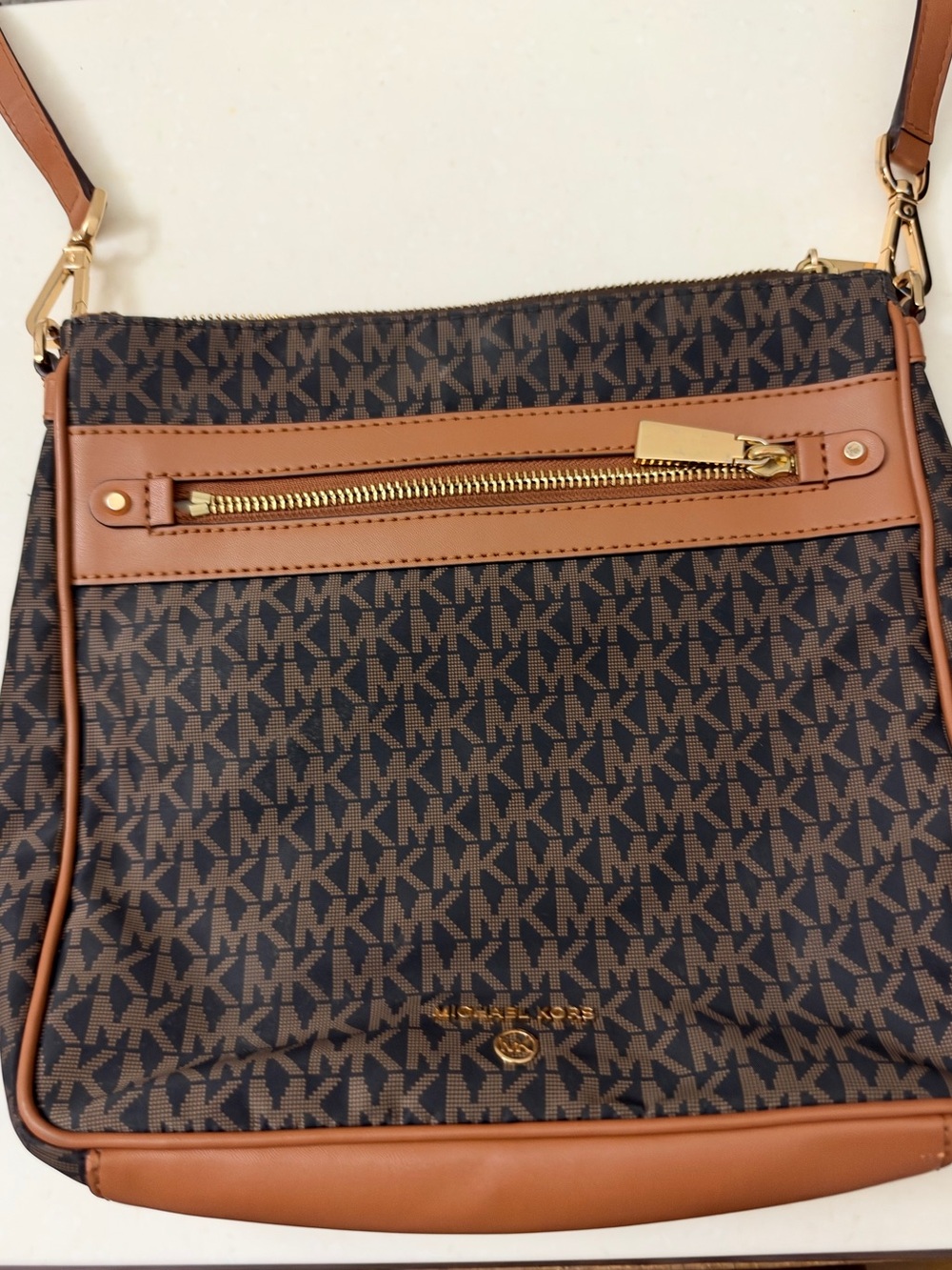 Michael Kors Dark Brown MK Logo Crossbody with Tan Trim